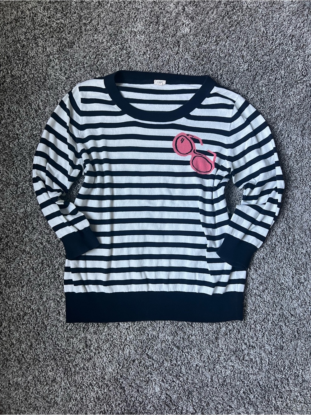 J. Crew Navy and White Striped Sweater with Pink Sunglasses